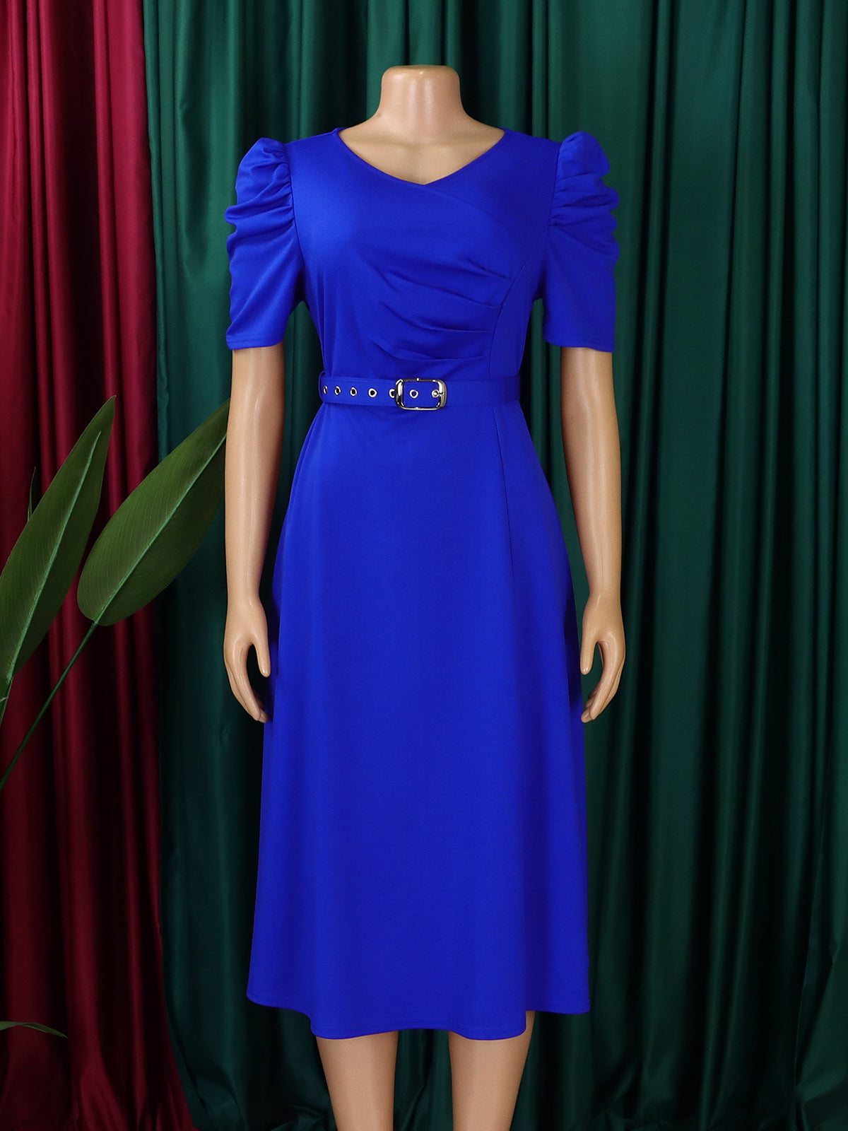 Casual V-neck High Waist Pleated Hem Midi Dress