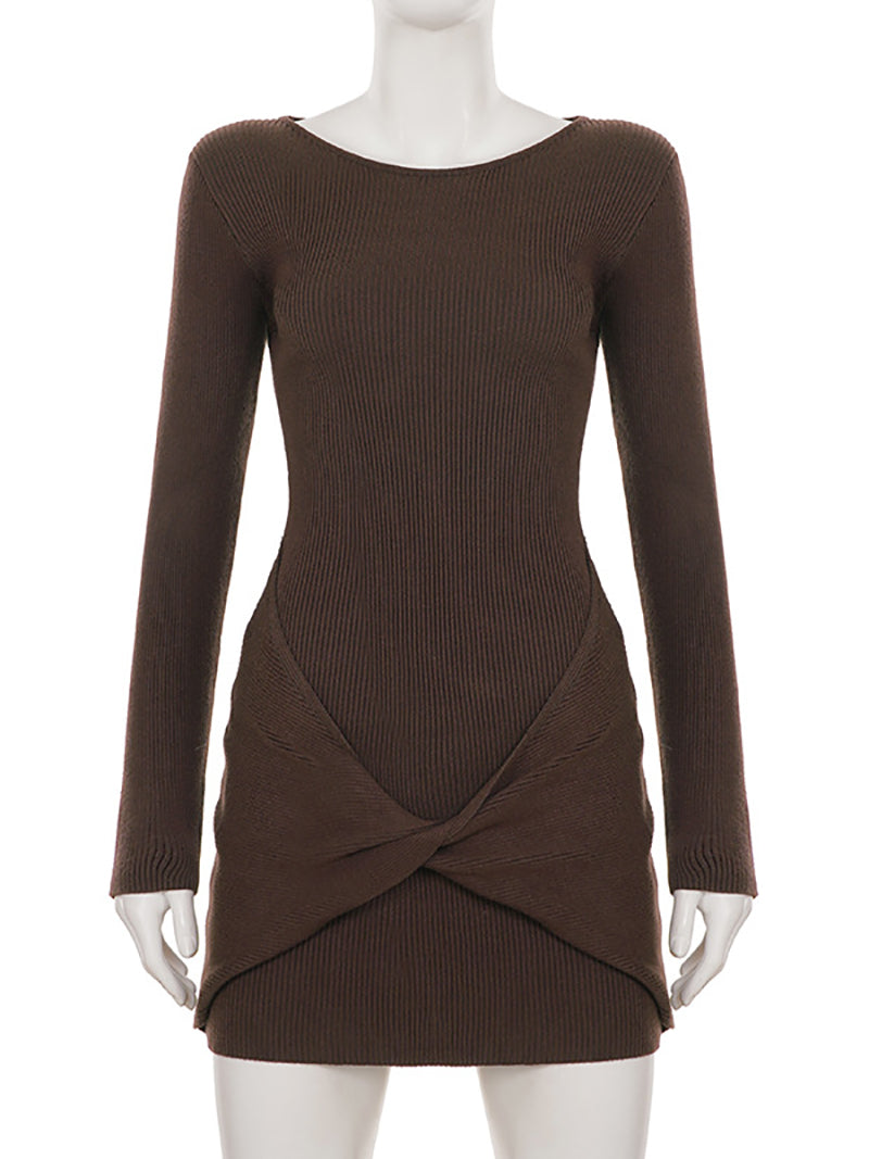 Fashion Round Collar Twisted Knit Mini Dress