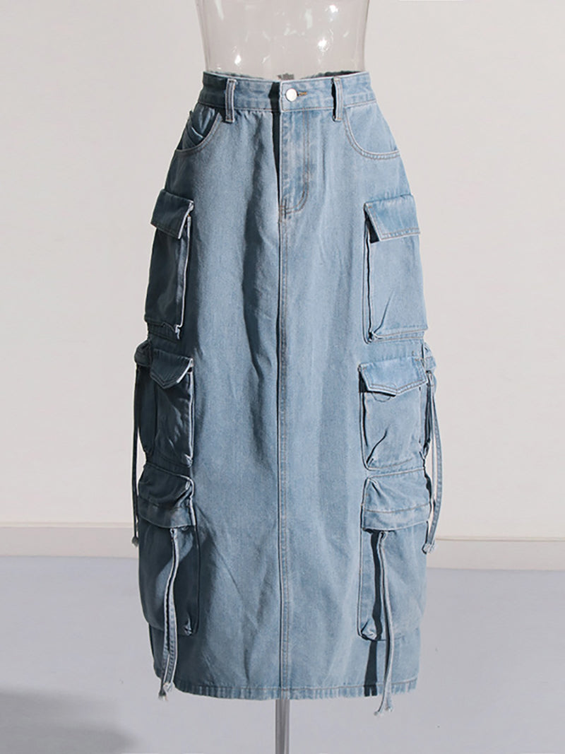 Casual Multi-pocket Cargo Denim Skirt