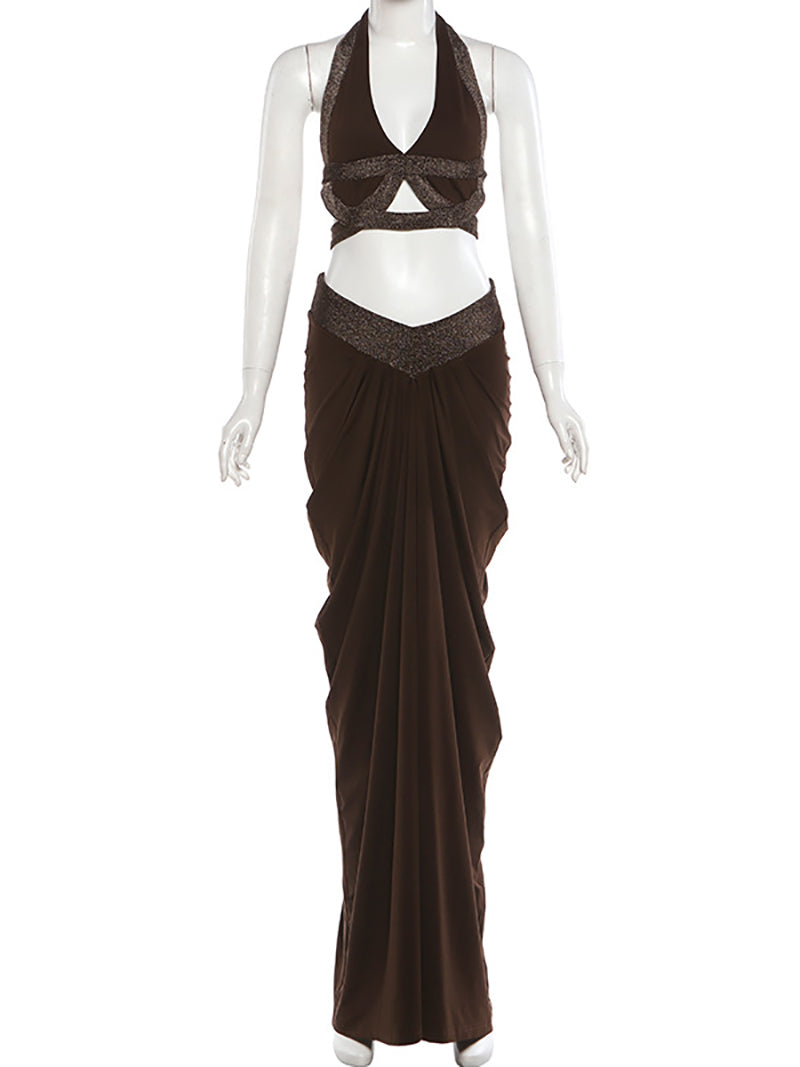 Sexy Backless Crop Top Pleated Slim Long Skirt Set