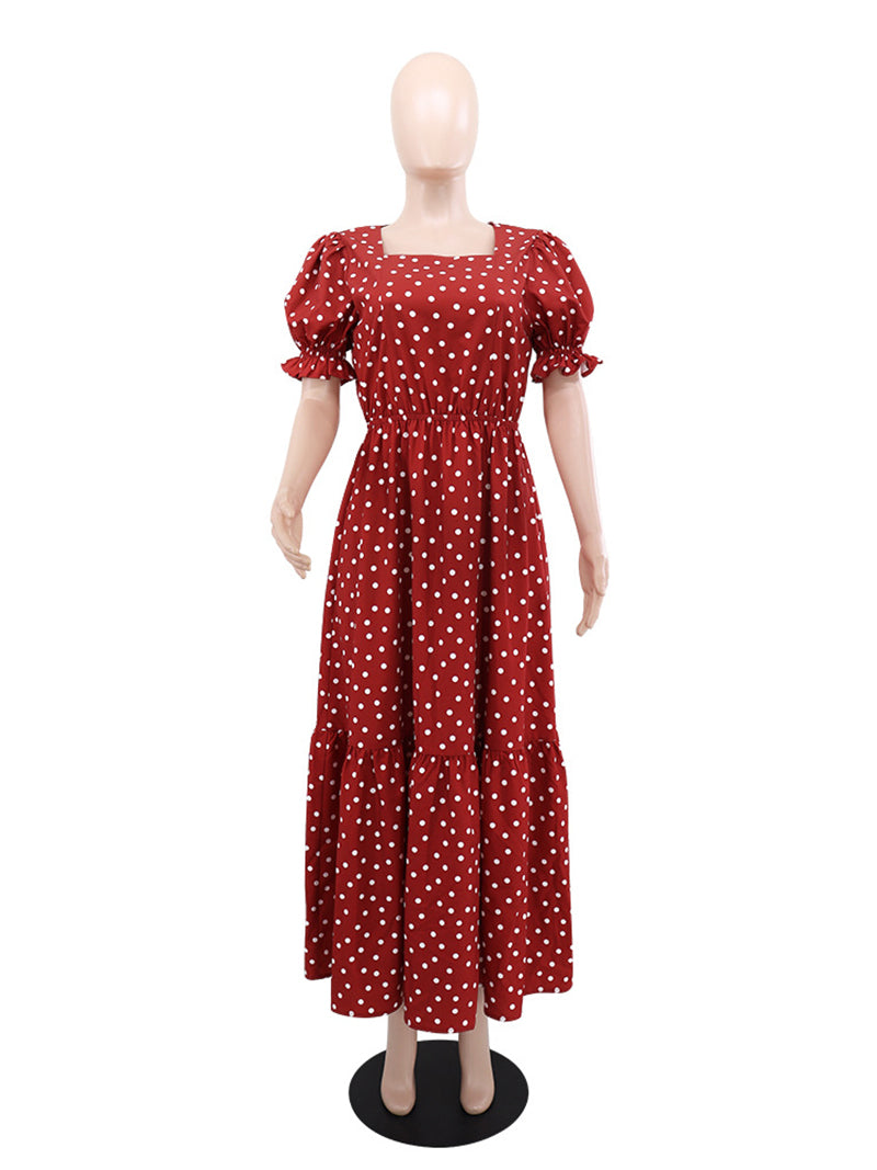 Fashion Puff Sleeve Polka Dot Print Ruffle Dress