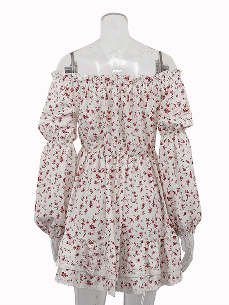 Off Shoulder Print Cinched Waist Mini Dress