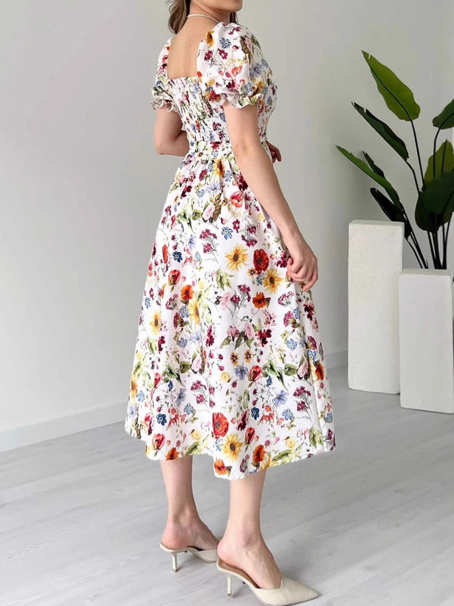 Fashion Square Collar Floral Print Holiday Casual Dress