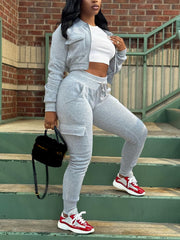 Zipper Crop Jacket And Stacked Track Pants Set