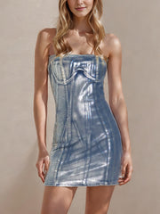 Sexy Strapless Metallic Denim Mini Dress