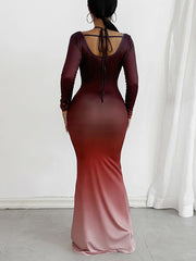 Gradient Metal Ring Backless Maxi Dress Sets