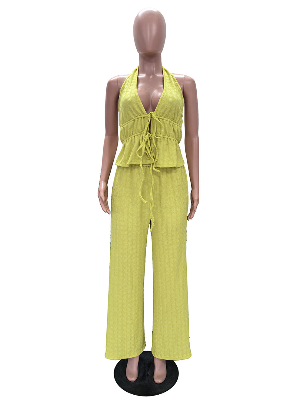 Casual Sleeveless Jacquard Halter Top And Pants Set