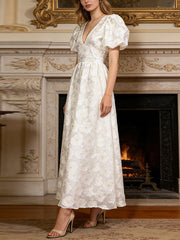 Elegant V Neck Print Puff Sleeve Cinched Waist Maxi Dress