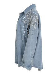 Rhinestone Loose Denim Shirt Coat