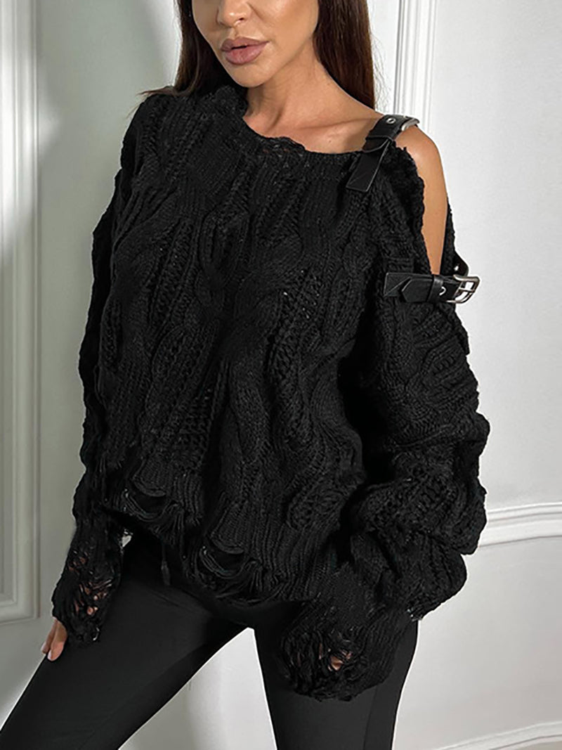 Fashion Loose Asymmetrical Neck Tape Detail Sweater