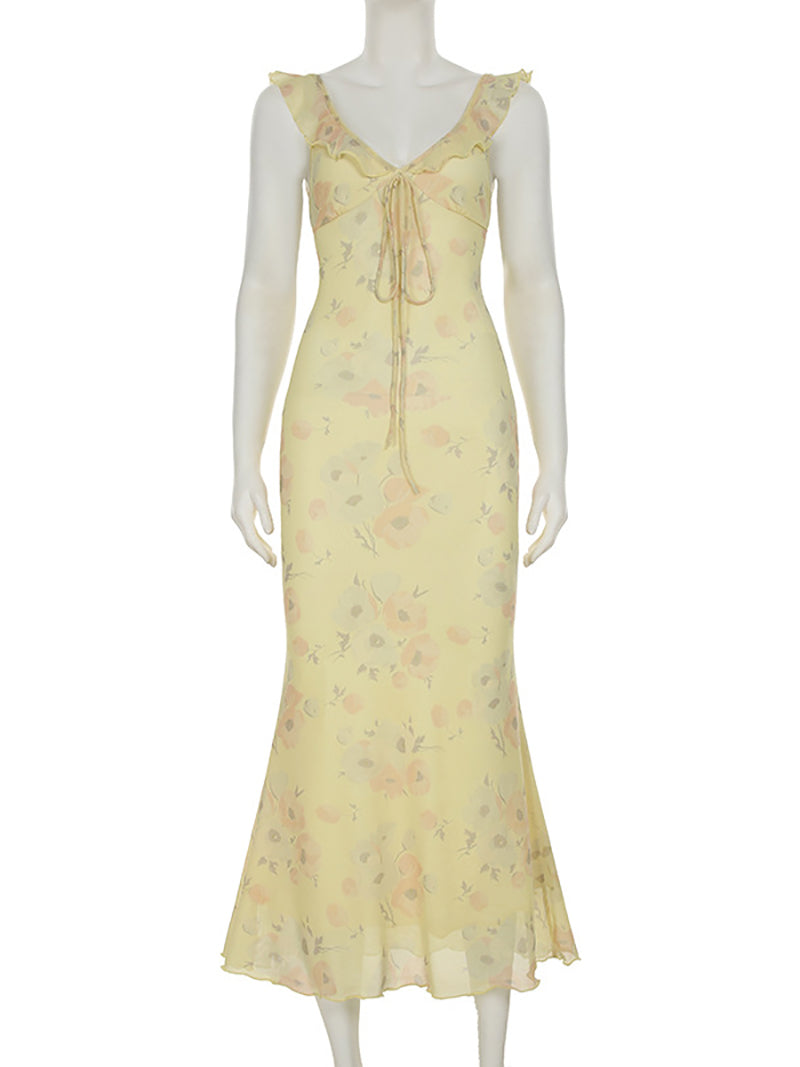 Fashion Ruffles Print V-neck Sleeveless Slim Dress