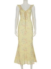 Fashion Ruffles Print V-neck Sleeveless Slim Dress