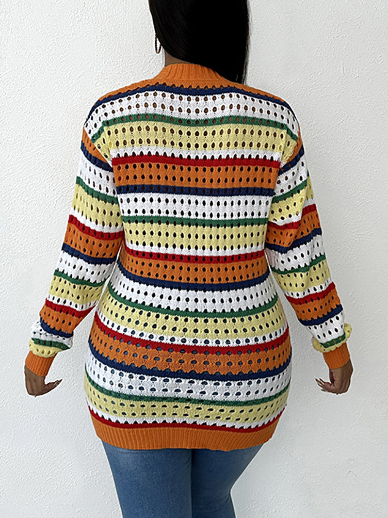 Colorblock Striped Loose V Neck Cardigan