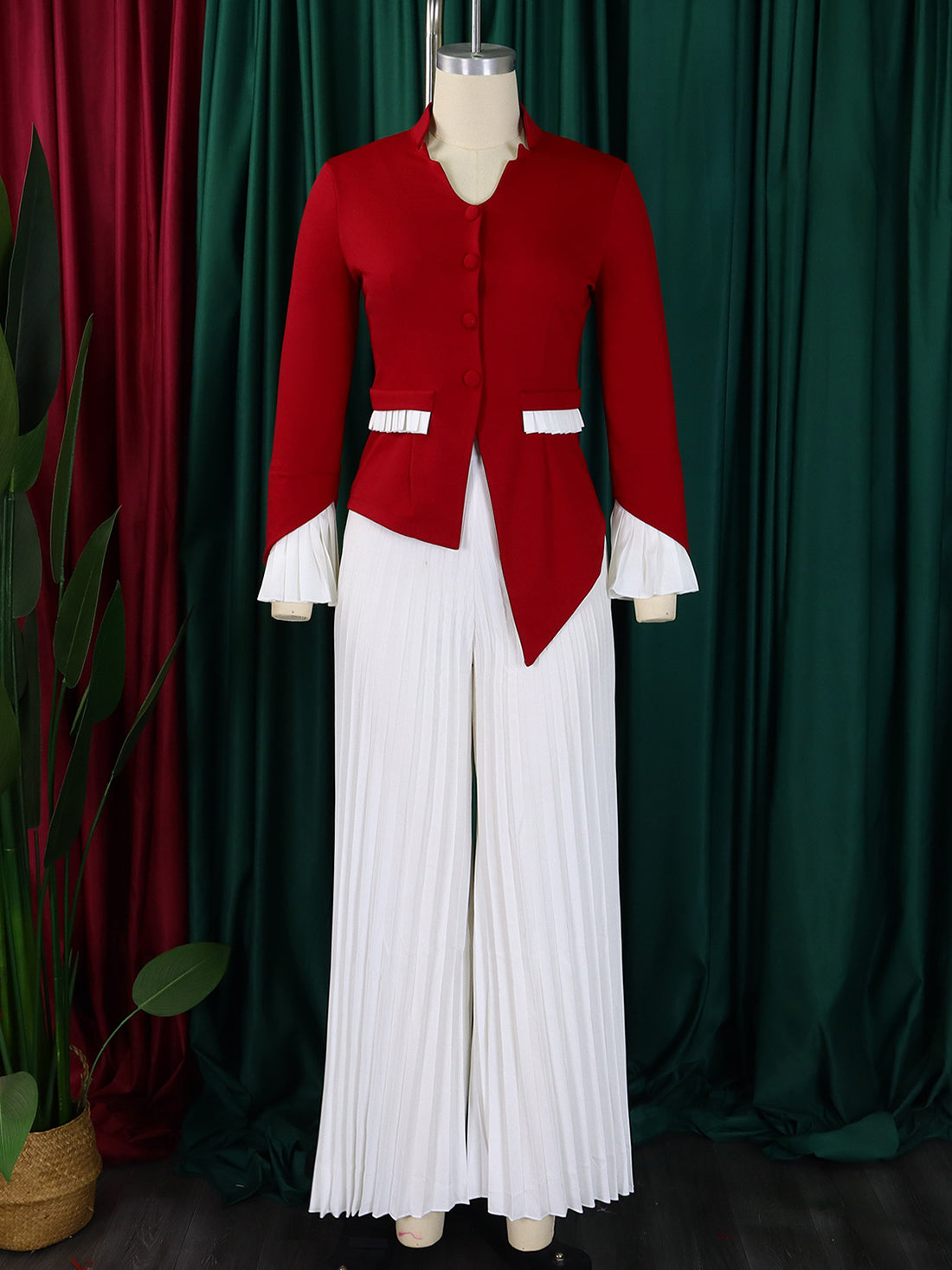 Casual V-neck Asymmetry Top Pleated Wide Leg Pants Set