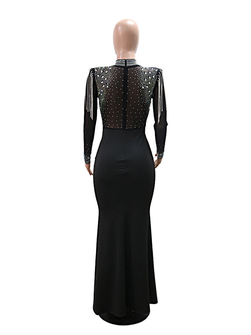 Fringe Hotfix Rhinestones Sheer Long Sleeve Maxi Dress