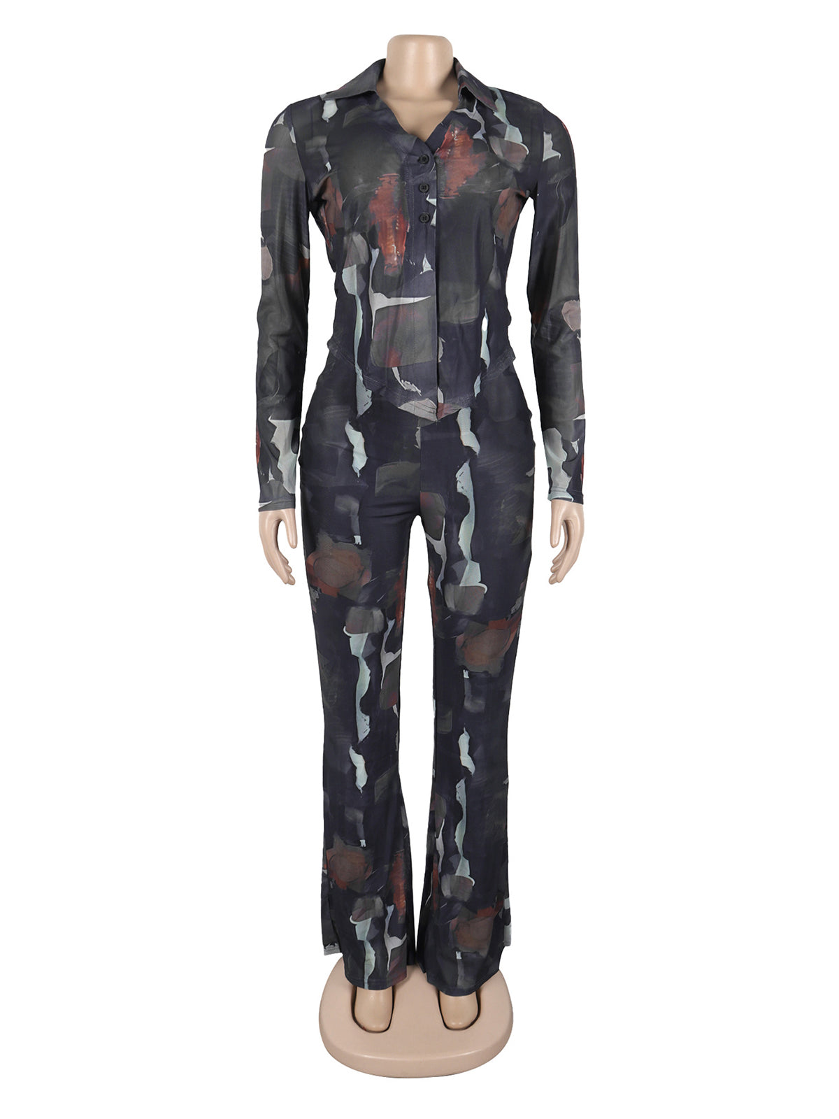 Sheer Mesh Print Shirt Long Pants Casual Set