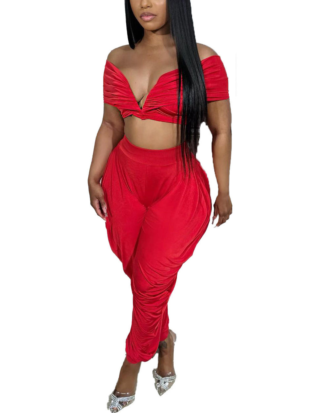 Off Shoulder Deep V Loose Trousers Set