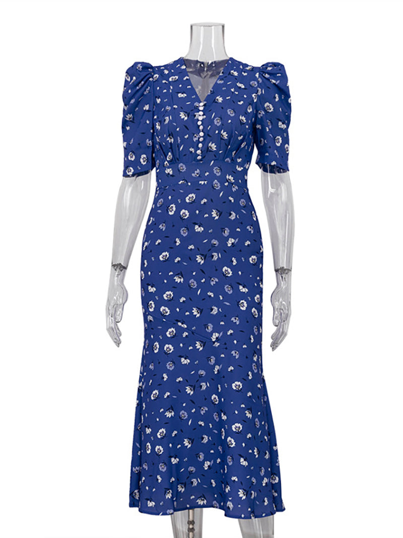 Fashion V Neck Floral Print Ruffle Hem Dress