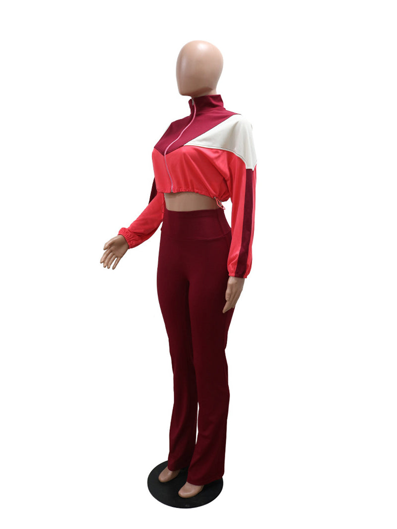 Color Block Ruched Zipper Crop Top Plain Pants Sets