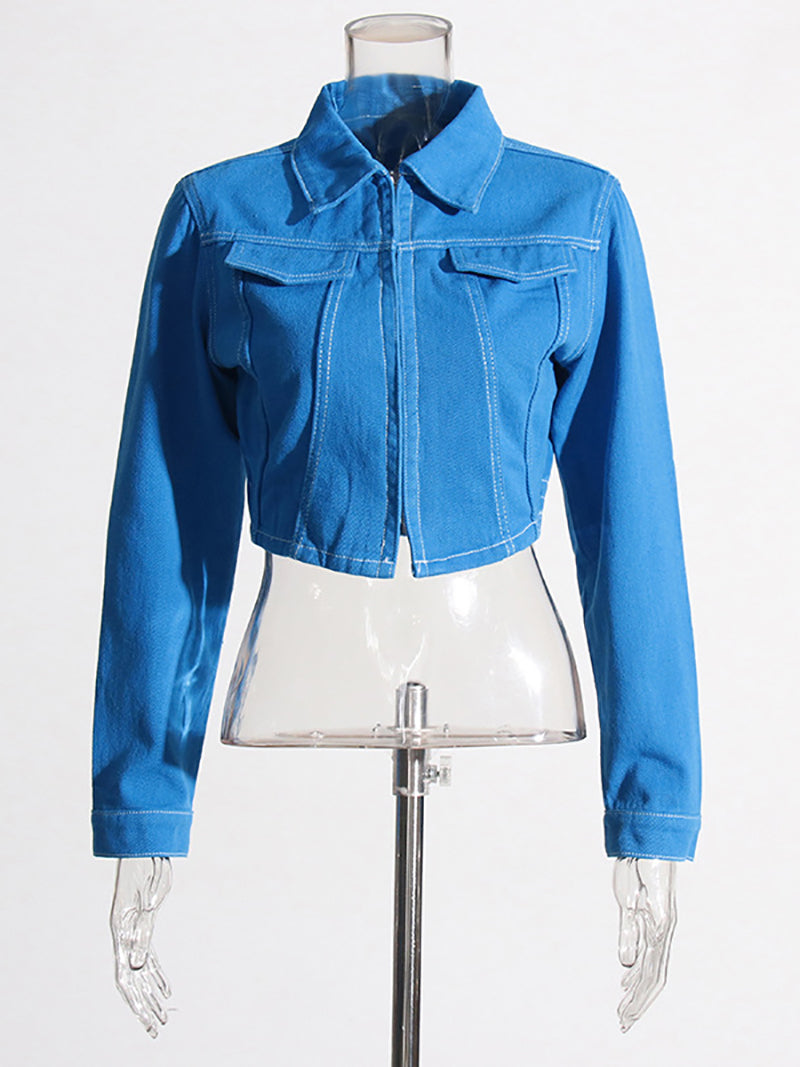 Solid Slimming Cropped Denim Jacket