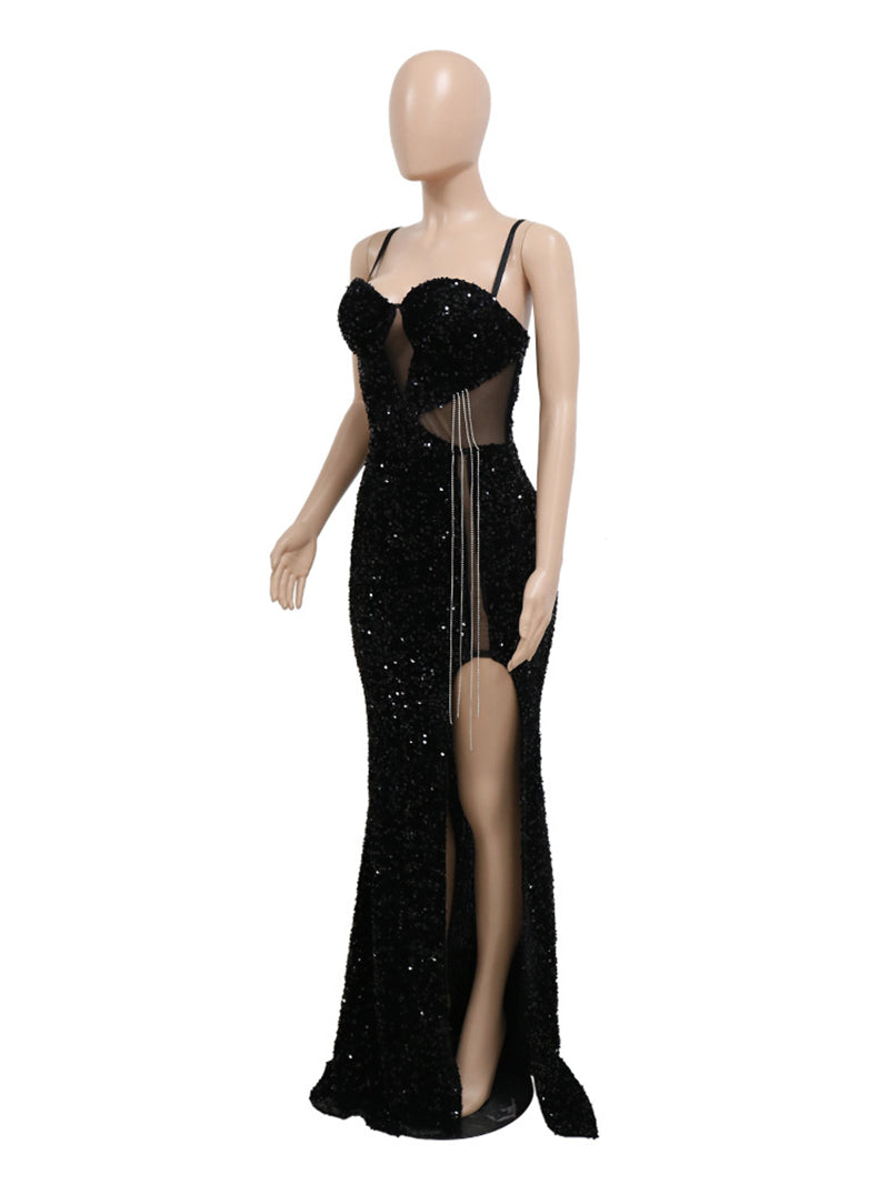 Sexy Patchwork Sequins Slit Spaghetti Strap Dress