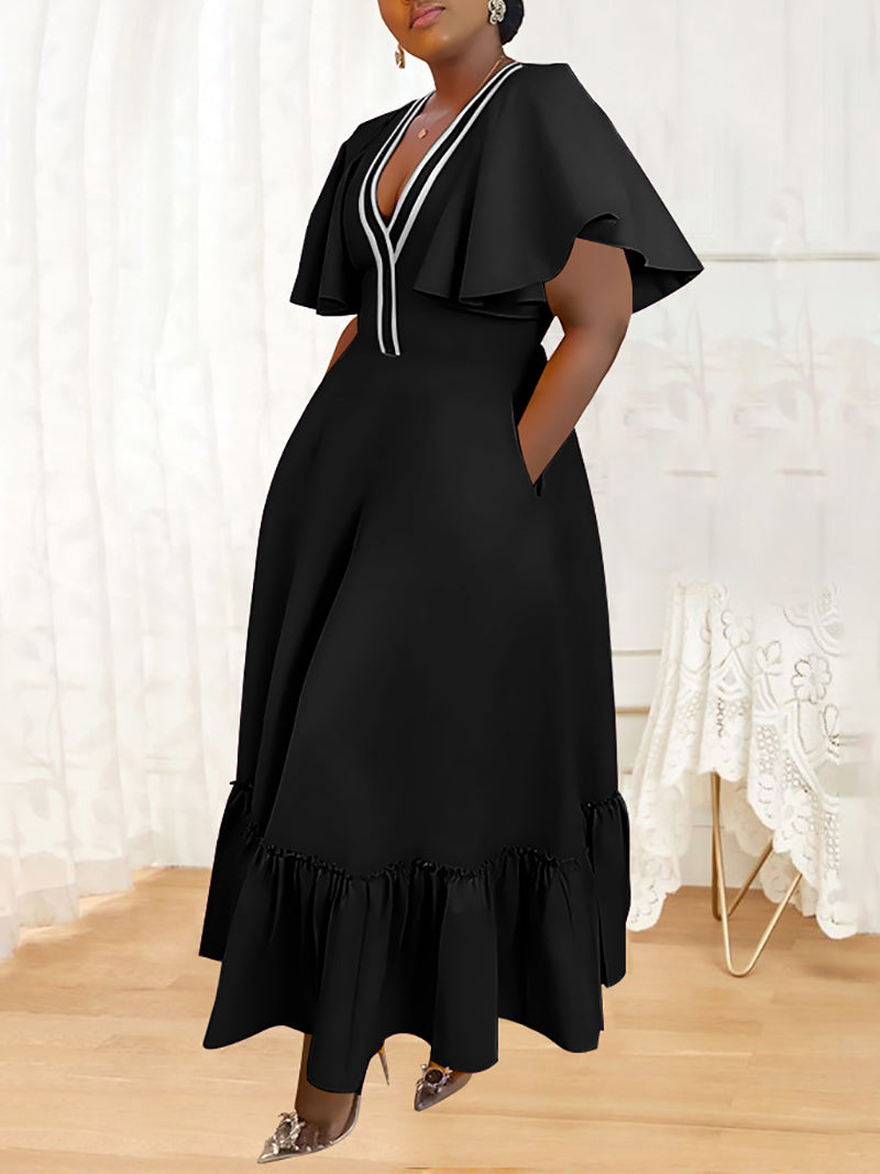 Fashion V Neck Ruffle Sleeve Slim Dress