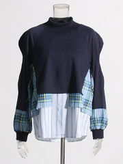 Round Neck Casual Loose Patchwork Button Hoodie