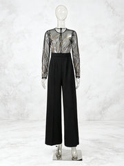 Sequin Sheer Mesh Bodice Patchwork High Waist Jumpsuit