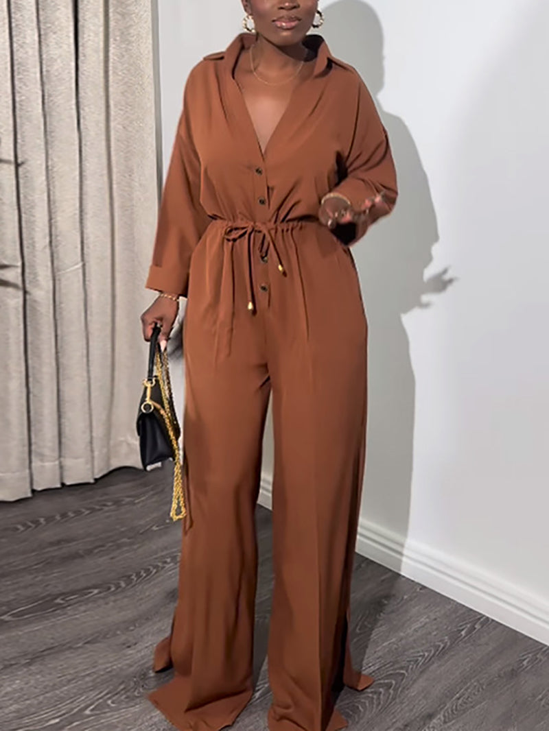 Casual V-Neck Drawstring Wide Leg Jumpsuit