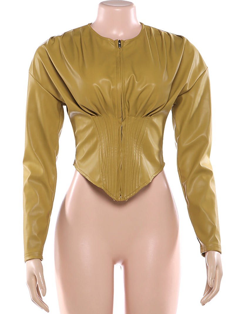 Fashion PU Leather Ruched Cinched Waist Jacket