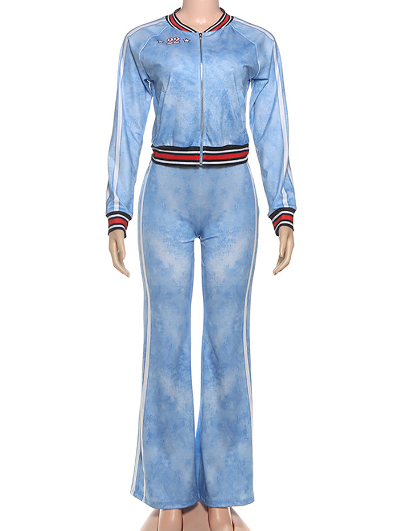 Side Striped Zipper Jacket and Flare Pants Sets