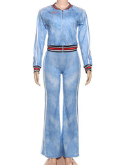 Side Striped Zipper Jacket and Flare Pants Sets