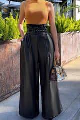 PU Leather Zipper Wide Leg Pants