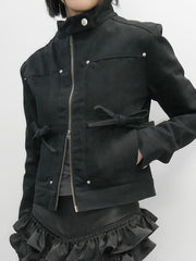 Retro Stand Collar Zipper Pocket Cropped Jacket