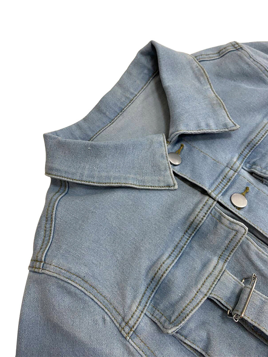 Casual Turn Down Collar Cargo Denim Romper