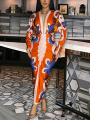 Fashion Print Deep V Neck Folds Split Dress