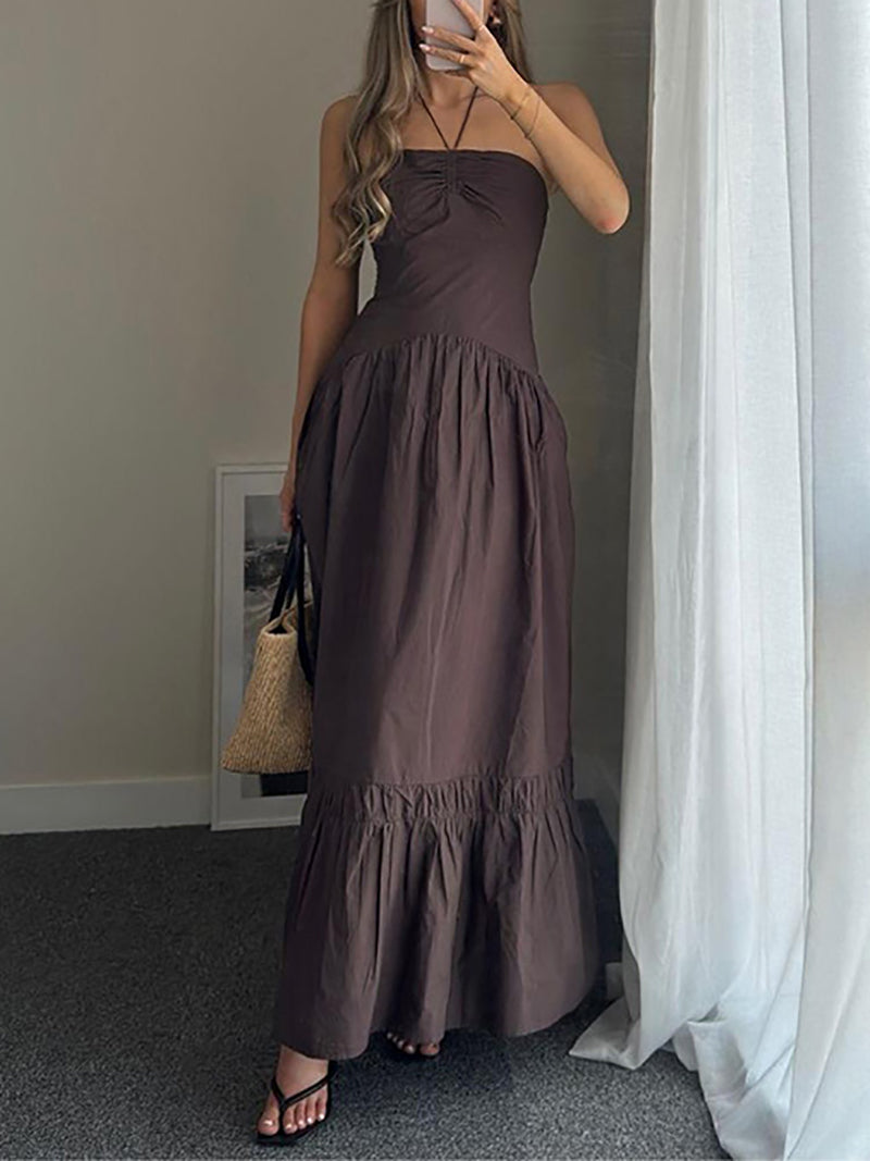 Sexy Solid Color Halter Slim Tiered Maxi Dress