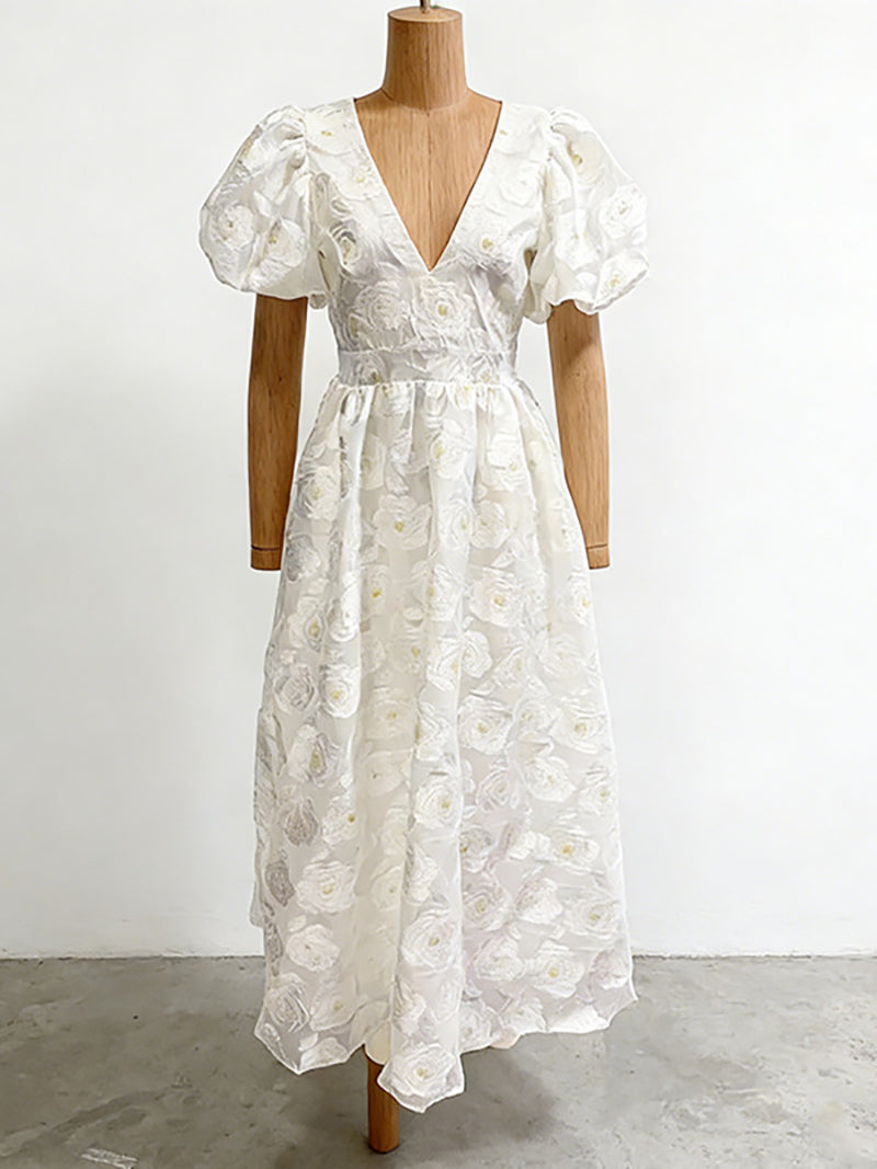 Elegant V Neck Print Puff Sleeve Cinched Waist Maxi Dress