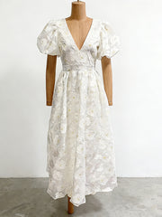 Elegant V Neck Print Puff Sleeve Cinched Waist Maxi Dress