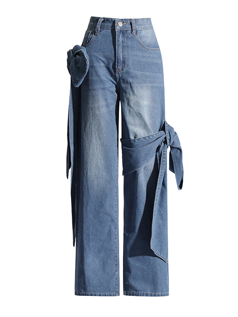 Casual Patchwork Bow Embellishment Straight Jeans