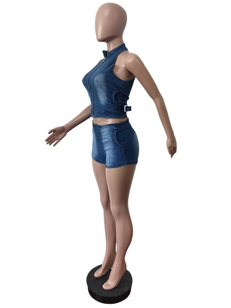 Sexy Zipper Sleeveless Denim Vest and Shorts Sets