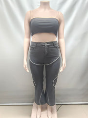 Denim Rhinestone Embellished Straight Jeans