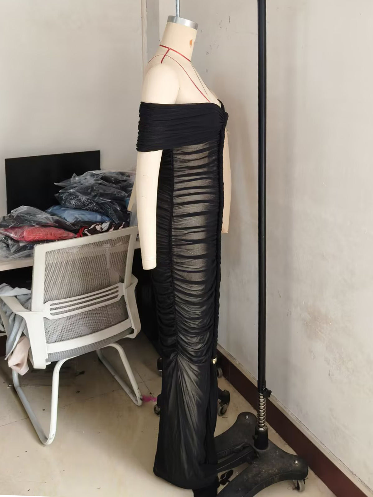 Sexy Off Shoulder Pleated See Through Mesh Dress
