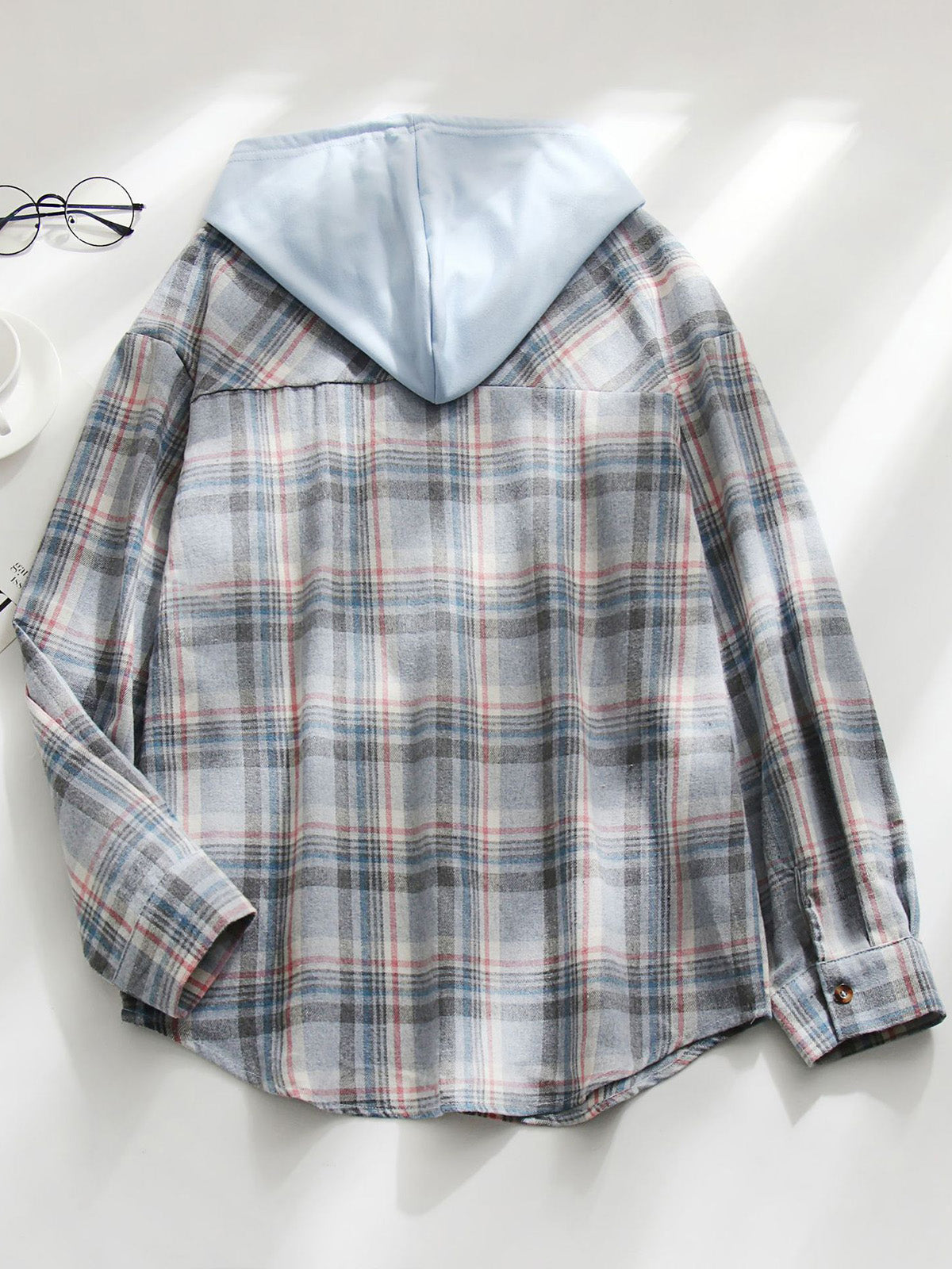 Casual Plaid Hooded Drawstring Button Down Shirt