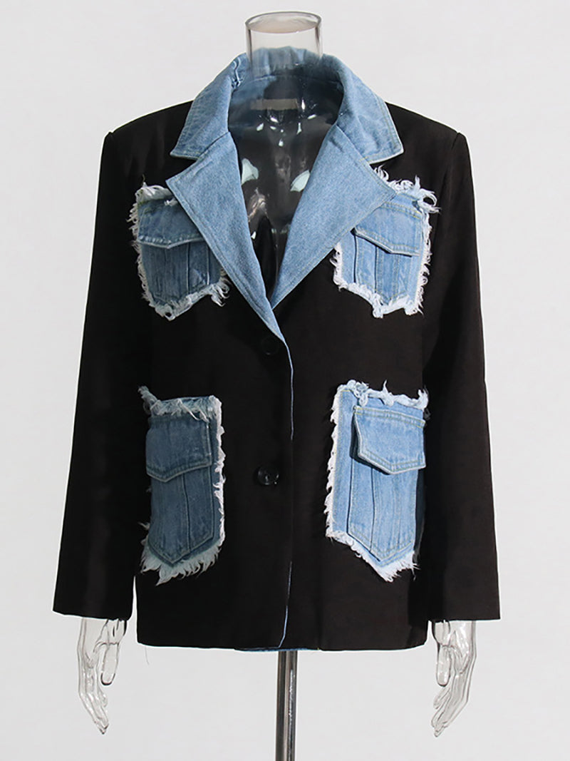 Colorblock Patchwork Denim Long Sleeve Blazer