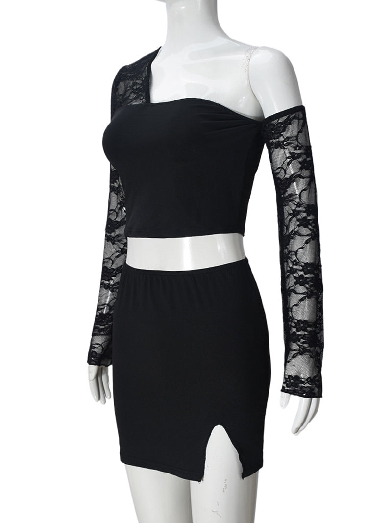 Sexy Sheer Lace Off Shoulder Mini Skirt Two Piece Sets