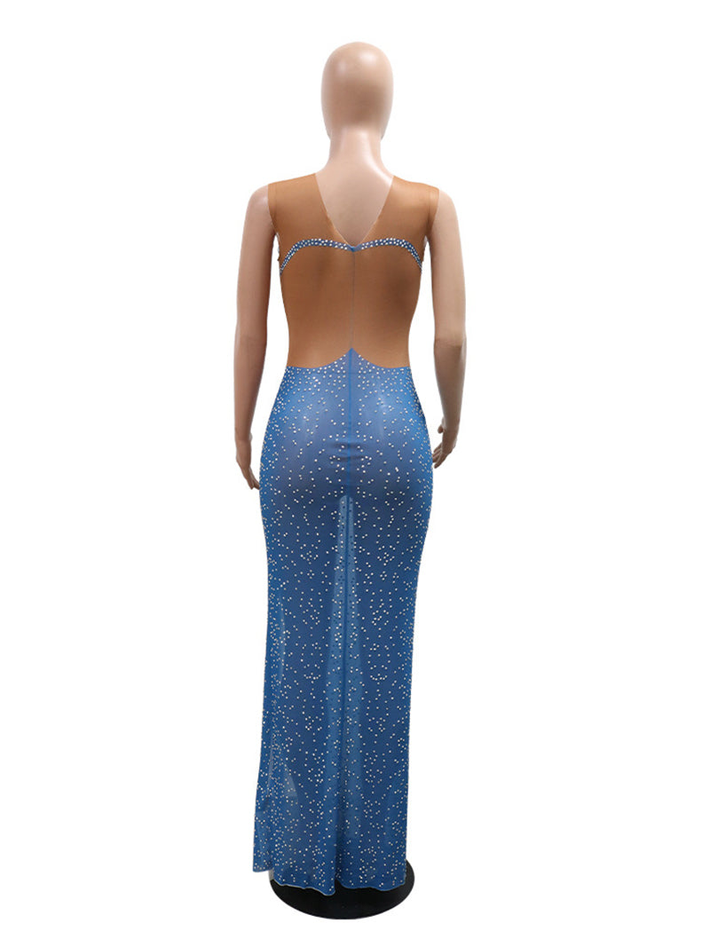 Rhinestones See-Through Split Hem Maxi Dress