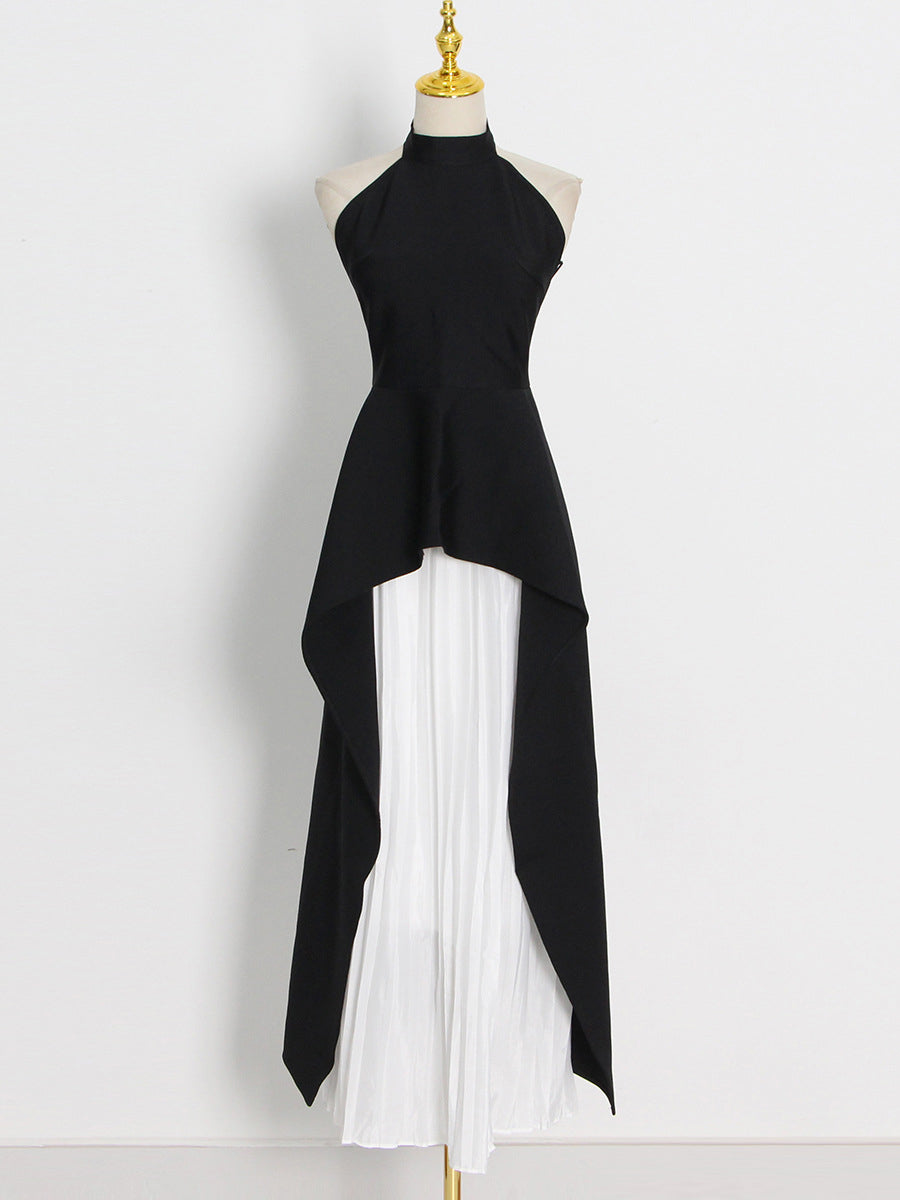 Sleeveless Stand Collar Ruffles Patchwork Pleated Dress