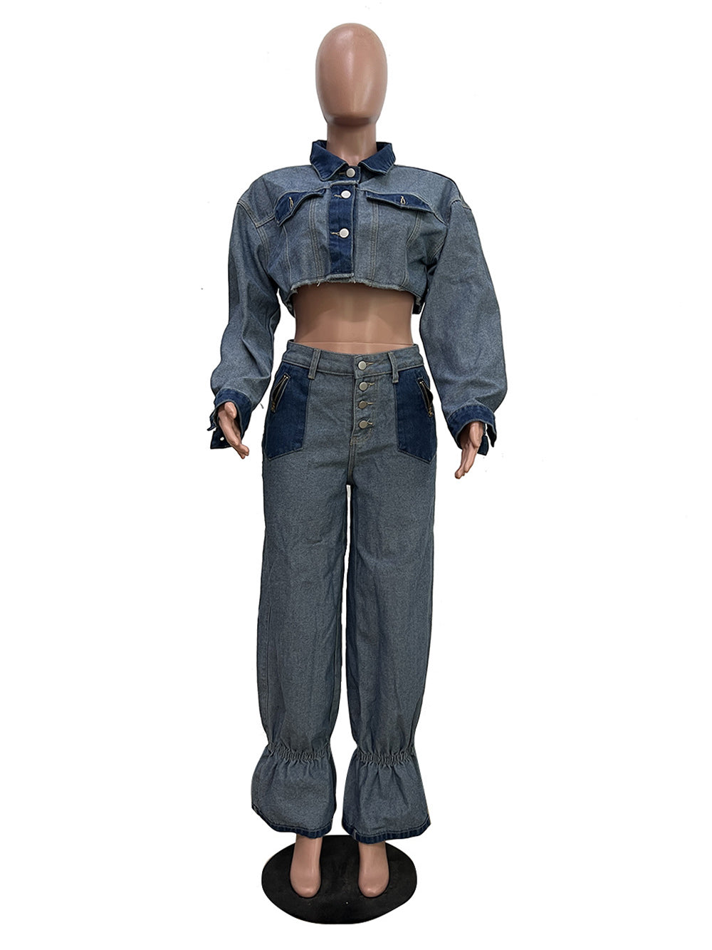 Denim Patchwork Cropped Jacket And Jeans Set