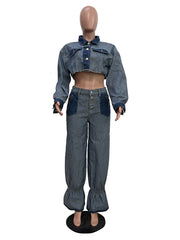 Denim Patchwork Cropped Jacket And Jeans Set